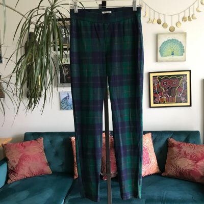 STYLE & CO size S Green & Navy Blue Tartan Plaid Ponte Knit Stretch Leggings